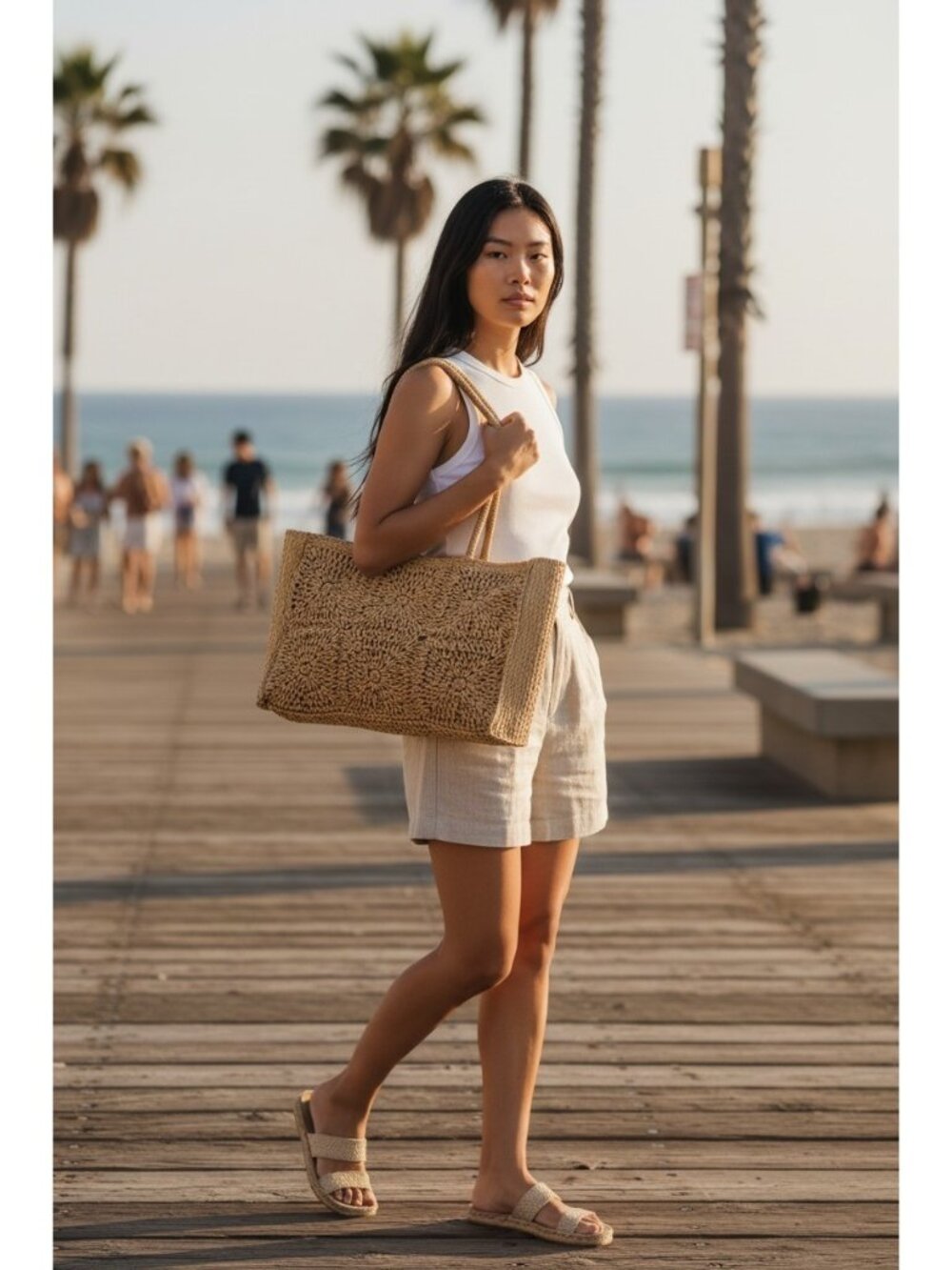 Womens Woven Zip Top Raffia Straw Tote Shoulder Bag Tan Boho Beach Resort Summer